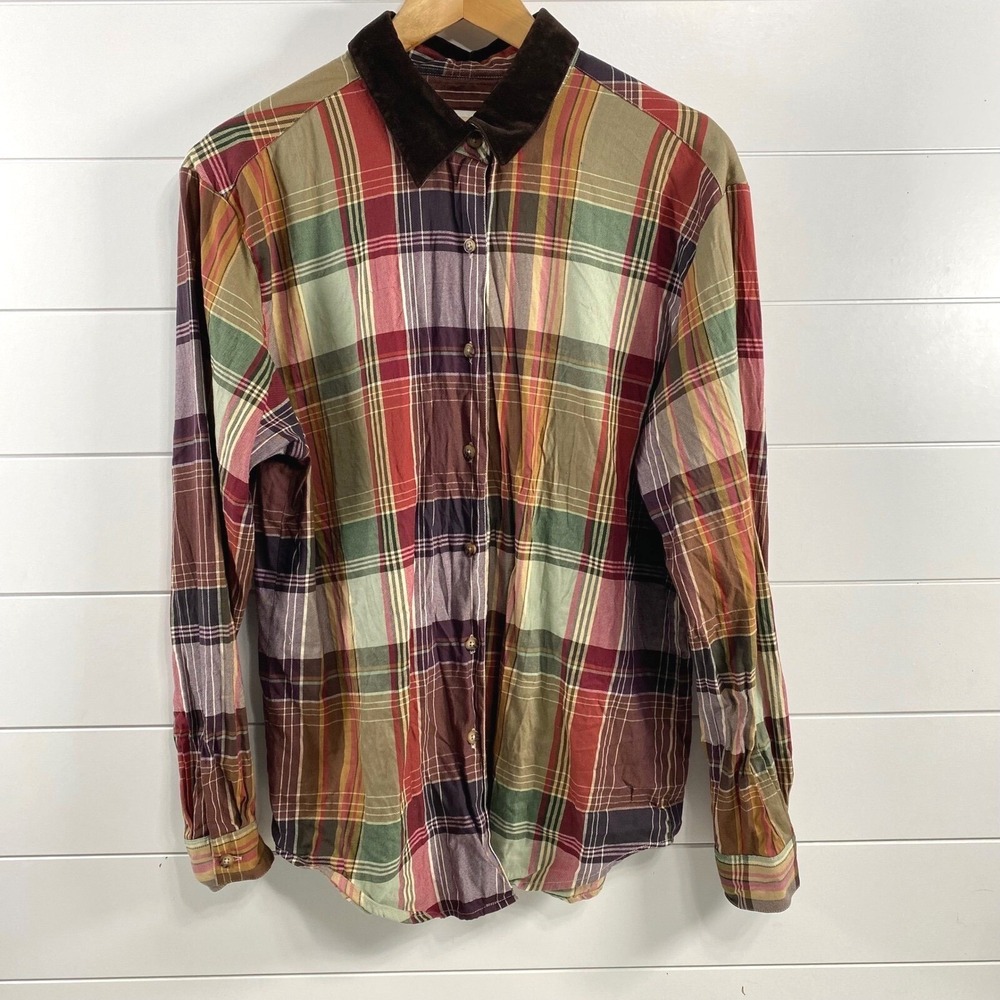 Talbots Womens Velvet Collar Plaid Button Up Shirt M Equestrian English Country